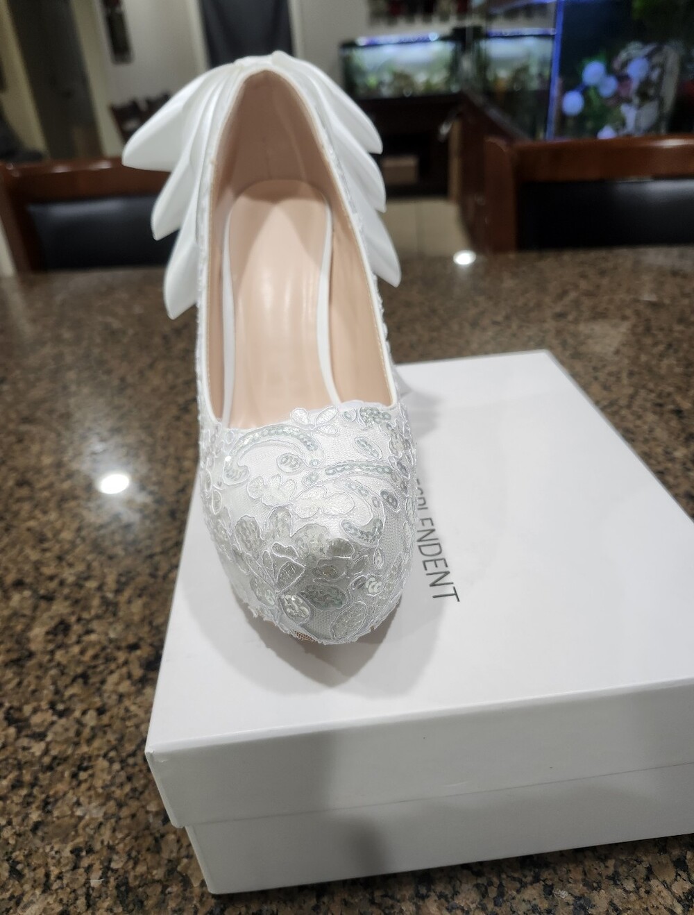 White Lace Wedding High Heel Pump with Bow - Picture 3 of 6